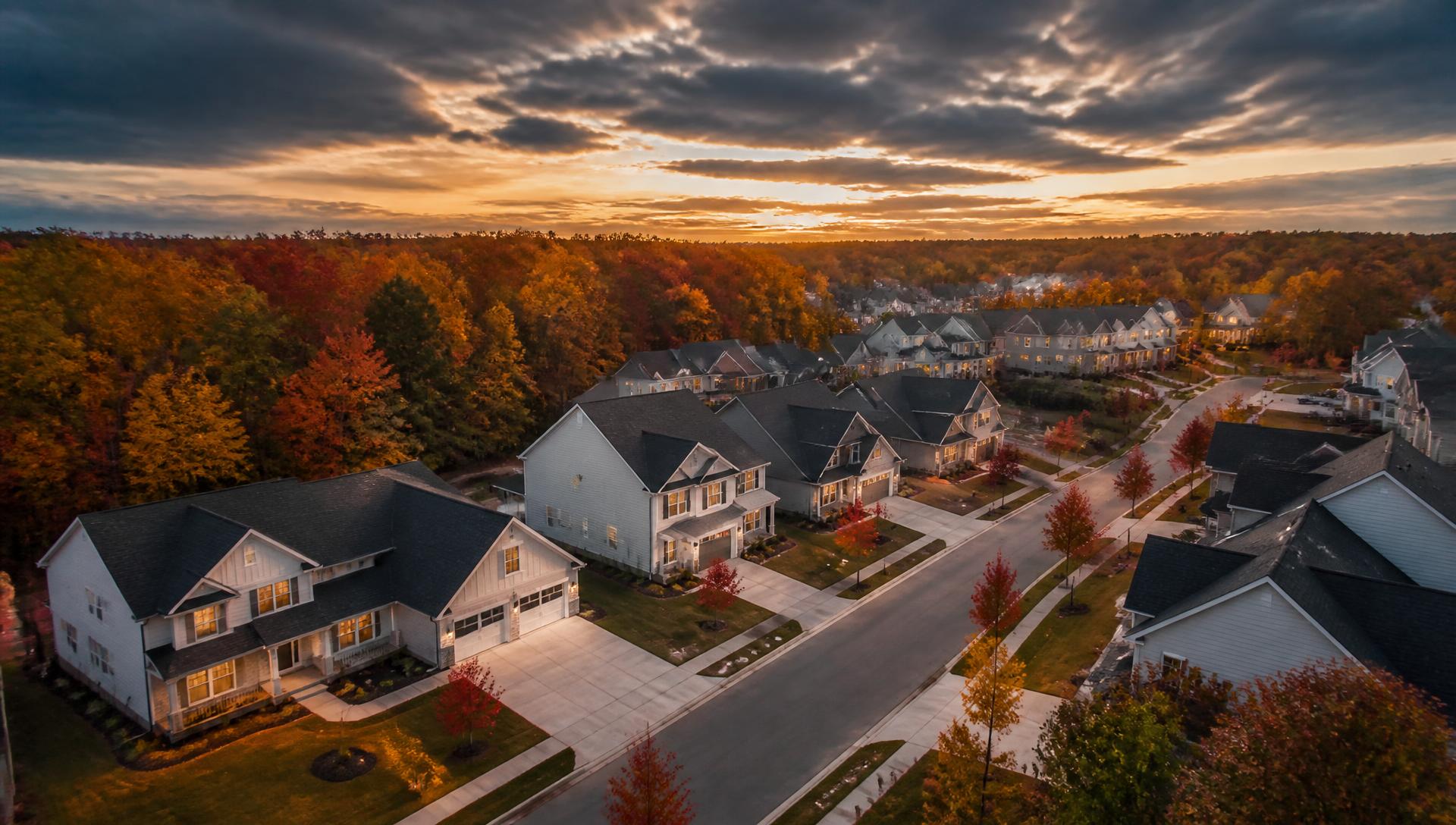 Aerial view of a new construction neighborhood in Salt Lake City, Utah at sunset